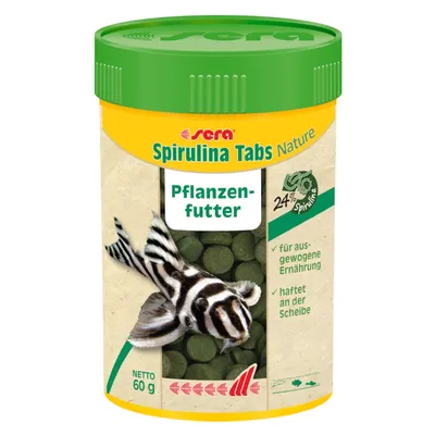 Sera Spirulina Tabs Nature, Pflanzenfutter mit 24% Spirulina. Netto 60g. Für ausgewogene Ernährung, haftet an der Scheibe.