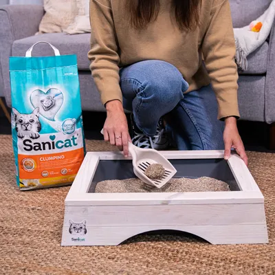 Sanicat Clumping cat litter with oxygen control. Woman demonstrates use: litter is removed from wooden cat toilet with scoop.