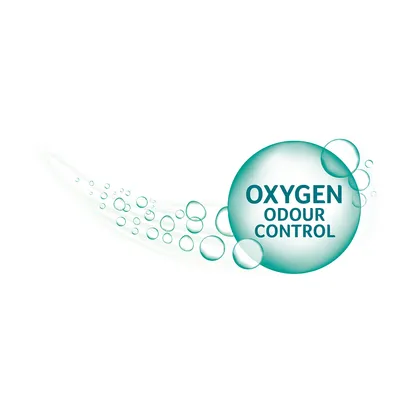 Oxygen Odour Control. Text na zelenej bubline s menšími bublinami v pozadí.