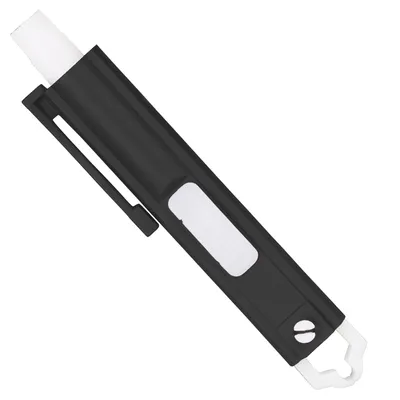 Zwart-witte kunststof tekenpen met schuifknop en clip, geschikt voor het verwijderen van teken bij huisdieren. Punt en haakvormig uiteinde zichtbaar.