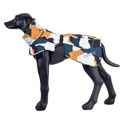 Dog coat with orange-white-blue camouflage pattern, brand Rukka, shown on a black dog mannequin.