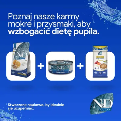 N&D Ocean karma sucha, mokra z tuńczykiem i łososiem oraz Adult Cream przedstawione. Opracowane naukowo dla optymalnej suplementacji.