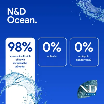 N&D Ocean. 98% kvalitné živočíšne proteíny, 0% obilniny, 0% umelé konzervačné látky. N&D Ocean. 98% kvalitné živočíšne proteíny, 0% obilniny, 0% umelé konzervačné látky.