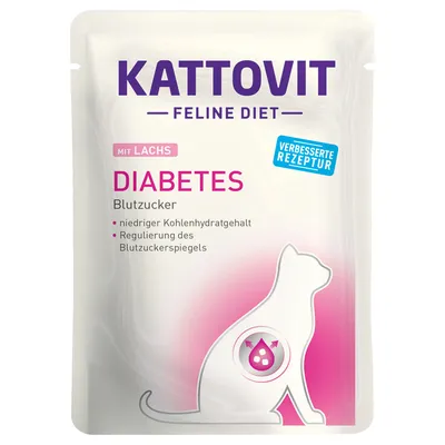 Kattovit Feline Diet with salmon, diabetes blood sugar. Low carbohydrate content, regulation of blood sugar level, improved formula.