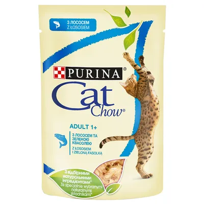 Purina Cat Chow Adult 1+ kattenvoer, met zalm en sperziebonen. Tekst in meerdere talen zichtbaar op de verpakking.