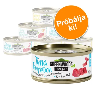 Greenwoods Delight macskaeledel konzerv, Tuna Temptation és Charming Chicken változatok, 70 g. Narancssárga körben: Próbálja ki!