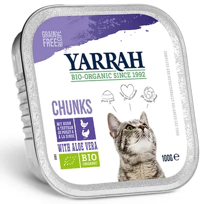Bio-organic chunks with chicken, turkey and aloe vera, grain free recipe, 100g. Features: pure food, care for all animals, better planet. Bio organic certified.