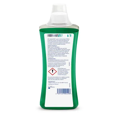 Flacon Vet Aquadent dental care, texte visible : mode d'emploi, composition (eau, glycérine, érythritol, inuline), avertissement de danger, code-barres, 500 ml, fabriqué au Vietnam.