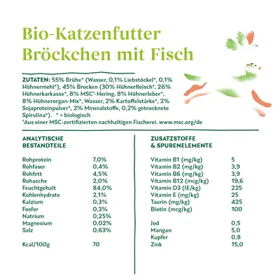 Состав и аналитические показатели корма для кошек: белок 7 %, жир 4,5 %, клетчатка 0,4 %, зола 2 %, влажность 84 %, витамины B1, B2, B6, B12, D3, E, таурин, биотин, минералы.