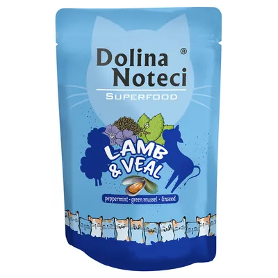 Dolina Noteci Superfood, Lamb & Veal z miętą pieprzową, małżą zieloną i siemieniem lnianym. Opakowanie z ilustracjami kotów i składnikami.