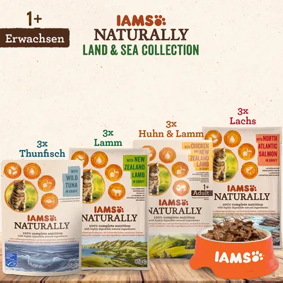 IAMS Naturally Land & Sea Collection für Katzen ab 1 Jahr. Sorten: 3x Thunfisch, 3x Lamm, 3x Huhn & Lamm, 3x Lachs. 100% vollständige Ernährung mit leicht verdaulichen natürlichen Zutaten.