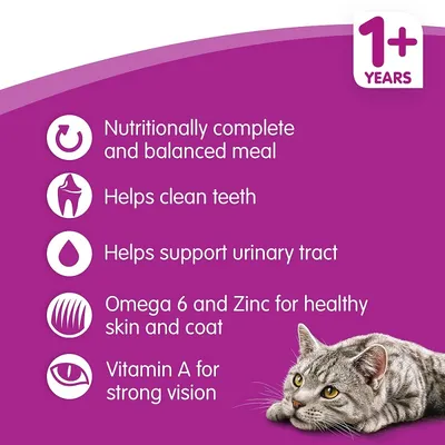 Nutritionally complete and balanced meal, helps clean teeth, helps support urinary tract, Omega 6 and Zinc for healthy skin and coat, Vitamin A for strong vision, 1+ years