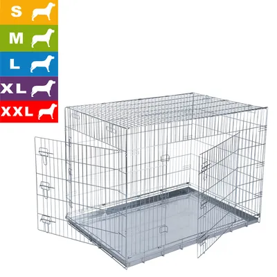 Gabbia in metallo per cani con due porte aperte, vassoio estraibile e tabella taglie a sinistra: S, M, L, XL, XXL con sagome di cani su sfondo colorato.