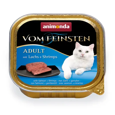 Barquette Animonda Vom Feinsten Adult pour chat, avec saumon et crevettes. Texte visible : mit Lachs + Shrimps, with Salmon + Shrimps, avec saumon + crevettes.