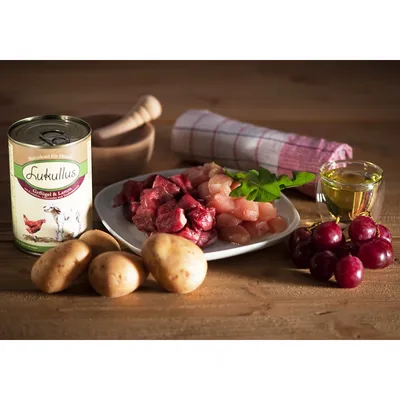 Lukullus konzerva za pse Geflügel & Lamm, tanjur s komadima crvenog i bijelog mesa, krumpiri, grožđe, čaša ulja, list salate. Vidljiv naziv proizvoda na limenci.