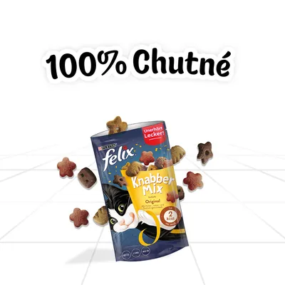 Felix Knabber Mix Original, Purina. Text: 100% Chutné, Unerhört Lecker!, 2 kcal. Balenie maškŕt pre mačky s tvarovanými kúskami.