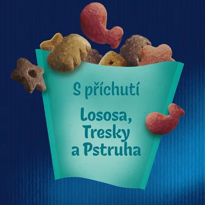 S příchutí Lososa, Tresky a Pstruha (text v češtine na obale krmiva).