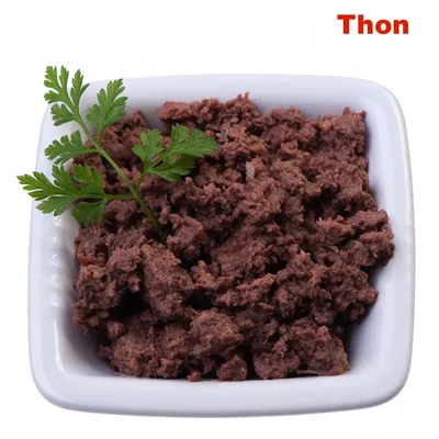 Pâtée de thon dans une coupelle blanche, garnie d'une branche de persil. Texte visible : Thon.