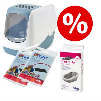 Kattetoilet med gennemsigtig dør, to pakker Savic Cat Toilet Home Filter og en æske Bag it Up litter tray bags maxi 55×43 cm. Rødt procenttegn for tilbud.