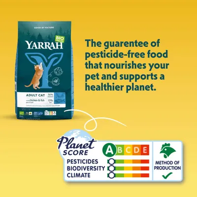 Yarrah Organic Adult Cat with Chicken & Fish, Planet Score A for pesticides, biodiversity and climate. Production method verified. Pesticide-free guarantee. Yarrah Organic Adult Cat with Chicken & Fish, Planet Score A for pesticides, biodiversity and climate. Production method verified. Pesticide-free guarantee.