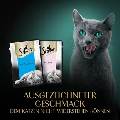 Sheba Katzenfutter mit Thunfisch und Lachs. Ausgezeichneter Geschmack, dem Katzen nicht widerstehen können.