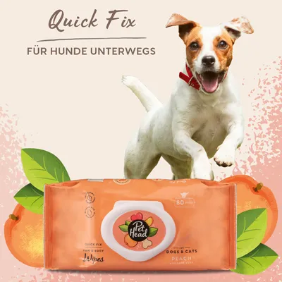 Lingettes Pet Head pour chiens et chats, parfum pêche avec aloe vera, paquet de 80 lingettes. Texte visible : Quick Fix, Für Hunde unterwegs, Paw & Body Wipes, Dogs & Cats Peach.