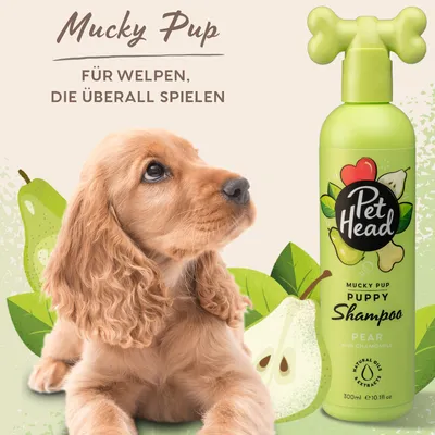 Pet Head Mucky Pup Puppy Shampoo mit Kamille und Birne, 300ml. Für Welpen, die überall spielen. Enthält natürliche Ölextrakte.