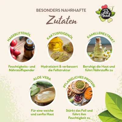 Besonders nahrhafte Zutaten: Hagebuttenöl, Kaktusfeigenöl, Kamillenextrakt, Aloe Vera und pflanzliches Protein. Fördern Hautpflege, Fellstruktur und Feuchtigkeit.