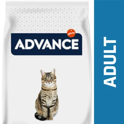 Confezione di cibo per gatti con marchio Advance affinity e scritta ADULT, immagine di un gatto tigrato sul fronte.