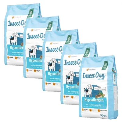 Insect Dog Adult Hypoallergen mit Insektenprotein, 100% klimaneutral, 900g. Geeignet für Hunde ab 11kg. Verpackung zeigt Hund und Zutaten wie Mandeln.