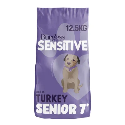 12.5kg bag labelled Sensitive, rich in turkey, senior 7+, with illustration of an animal. Product is for sensitive needs and senior age group.