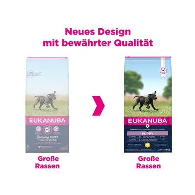 Eukanuba hundefoder til store racer. Nyt design med velkendt kvalitet. Sammenligning af gammel og ny emballage.