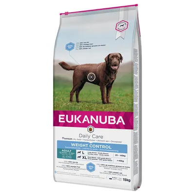 Sac de croquettes Eukanuba Daily Care Weight Control pour chien adulte grande race, 15 kg. Contrôle du poids, -30 % de matières grasses, indications pour races Large Breed 25–40 kg et XL >40 kg.