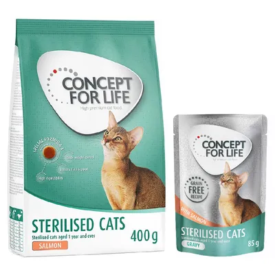 Concept for Life Sterilised Cats mit Lachs, Trockenfutter 400g und Nassfutter 85g. Spezielle Formel: Gewichtskontrolle, Unterstützung der Harnwege, hohe Verdaulichkeit.