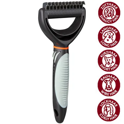 Sort og grå pelsbørste med metalblade. Ved siden af vises fem røde cirkler med tekst: ZOTTHAAR SHAGGY HAIR, LANGHAAR LONG HAIR, KURZHAAR SHORT HAIR, RAUHAAR WIRE HAIR, LOCKHAAR CURLY HAIR.