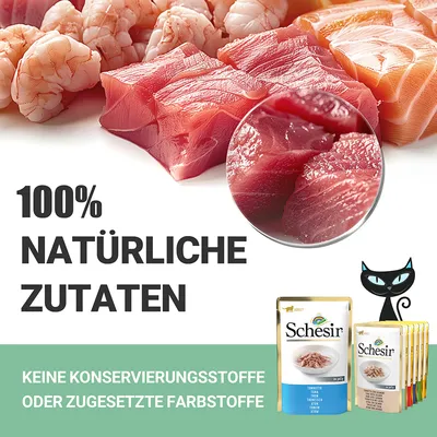 100% natürliche Zutaten. Keine Konservierungsstoffe oder zugesetzte Farbstoffe. Schesir Katzenfutter mit Thunfisch und Garnelen.