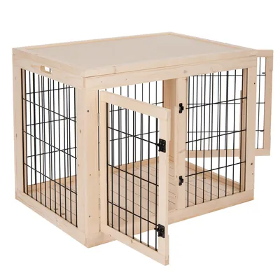Cage pour animaux en bois clair avec panneaux à barreaux métalliques noirs, porte avant ouverte, structure carrée, sol et toit pleins en bois, sans marque visible.