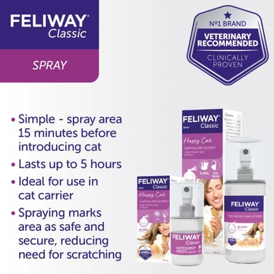 Feliway Classic Spray: spray area 15 minutes before introducing cat, lasts up to 5 hours, ideal for cat carrier, marks area as safe and secure, reduces scratching. Veterinary recommended.