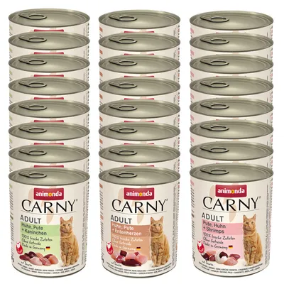Flere dåser Animonda Carny Adult kattemad, synlige varianter: Huhn, Pute + Kaninchen; Huhn, Pute + Entenherzen; Pute, Huhn + Shrimps. Kat og ingredienser vist på etiketterne.