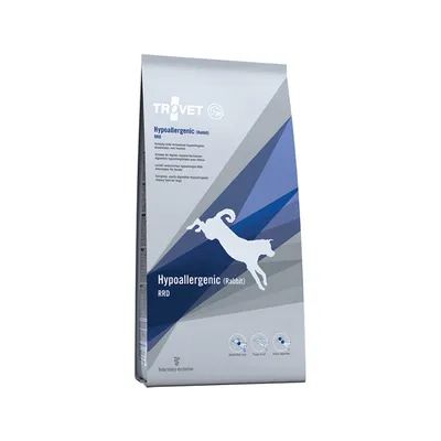 Trovet Hypoallergenic (Rabbit) RRD, aliment vétérinaire exclusif avec viande de lapin. Contient des symboles pour protection de la peau, bonne digestion et source de protéines pures.