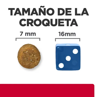 Tamaño de la croqueta: imagen comparativa con una croqueta de 7 mm y un dado azul de 16 mm. Texto visible: 'TAMAÑO DE LA CROQUETA', '7 mm', '16 mm'.