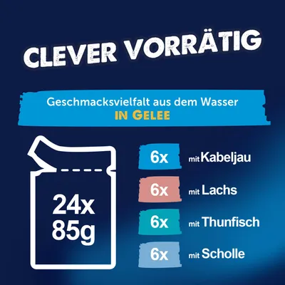 24x85g Portionsbeutel, Geschmacksvielfalt aus dem Wasser in Gelee: 6x Kabeljau, 6x Lachs, 6x Thunfisch, 6x Scholle. 24x85g Portionsbeutel, Geschmacksvielfalt aus dem Wasser in Gelee: 6x Kabeljau, 6x Lachs, 6x Thunfisch, 6x Scholle.
