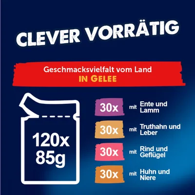 Jumbopack Felix "So gut wie es aussieht" Gelee 120 x 85 g - Doppelt lecker (Rind & Geflügel, Truthahn & Leber, Huhn & Niere, Ente & Lamm) Jumbopack Felix "So gut wie es aussieht" Gelee 120 x 85 g - Doppelt lecker (Rind & Geflügel, Truthahn & Leber, Huhn & Niere, Ente & Lamm)