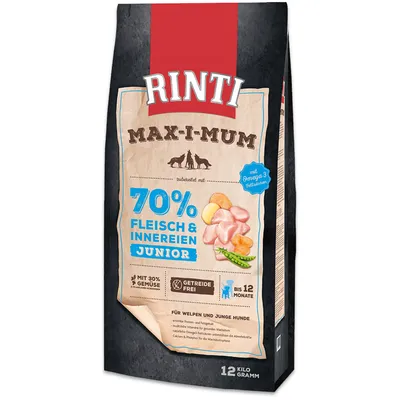 Rinti Max-i-Mum Junior, 70% kød og indmad, med omega-3-fedtsyrer, kornfri, med 30% grøntsager, til hvalpe og unge hunde op til 12 måneder, 12 kg.