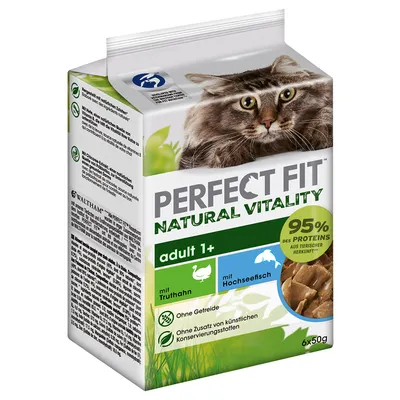 Perfect Fit Natural Vitality adult 1+ z indykiem i rybą oceaniczną, 95% białka zwierzęcego, bez zbóż, bez sztucznych konserwantów, opakowanie 6x50g.