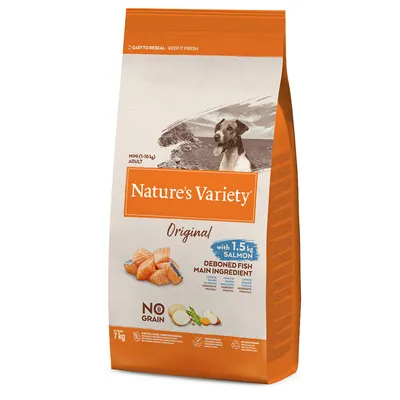 Nature's Variety Original Mini Adult с 1,5 кг лосося, основным ингредиентом является филе рыбы, без зерна. Упаковка: 7 кг.