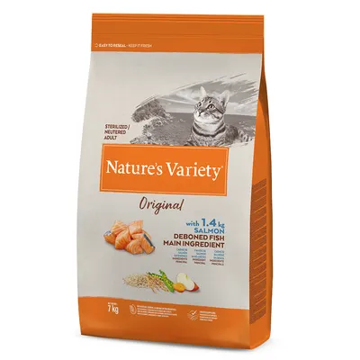 Sac de croquettes Nature’s Variety Original pour chat adulte stérilisé, 7 kg, avec 1,4 kg de saumon désossé comme ingrédient principal. Texte en anglais sur l’emballage.