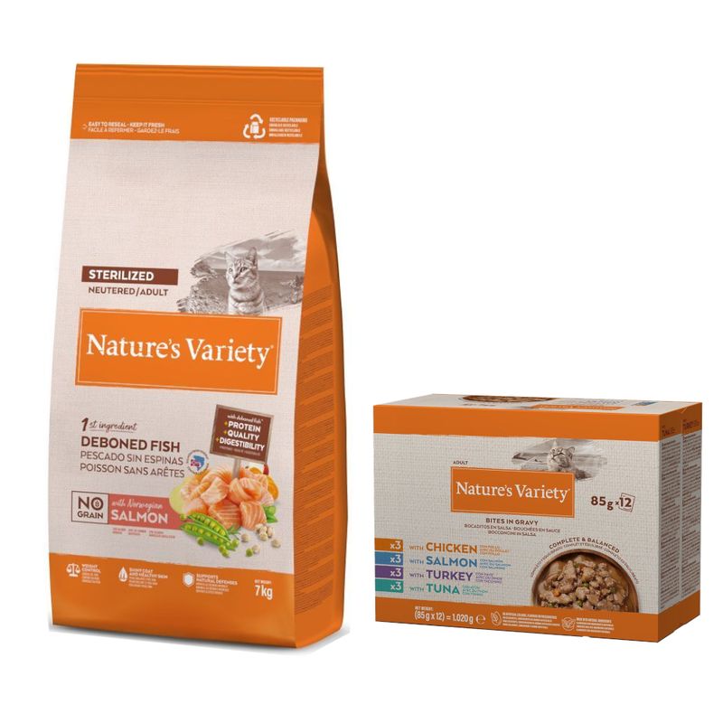 7 кг Nature's Variety + Nature's Variety Bites Mix (4 сорта) в соусе 12 x 85 г в подарок!