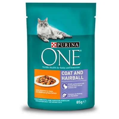 Συσκευασία Purina ONE Coat and Hairball 85g με εικόνα γάτας και πιάτο τροφής. Ορατό κείμενο στα αγγλικά: 'Visible Health for Today and Tomorrow', 'COAT AND HAIRBALL'.