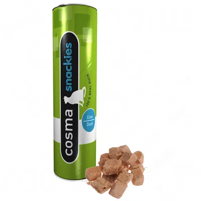 Cosma Snackies Ente Duck -kissanherkkupakkaus, vihreä sylinteri, teksti: 100% real duck. Edessä vaaleanruskeita kuutioherkkuja.